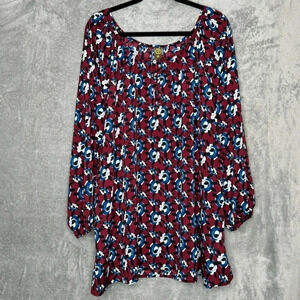 24/7 Comfort 3X Shirt Top Red Floral Long Sleeve Scoop Neck Stretch Casual Women